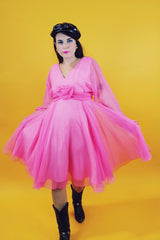 sheer long sleeve hot pink mini dress with fabric flower at waist vintage 1970's