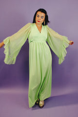 long teal dress with big sheer ruffle bell sleeves and a tie waist vintage 1970's