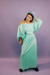 vintage 1980's teal green ankle length dress with ruched bust and huge puff sleeves