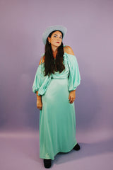 vintage 1980's teal green ankle length dress with ruched bust and huge puff sleeves