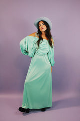 vintage 1980's teal green ankle length dress with ruched bust and huge puff sleeves