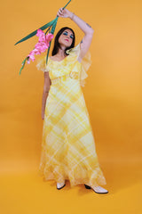 ankle length yellow plaid print dress chiffon with flower at waist and flutter sleeves vintage