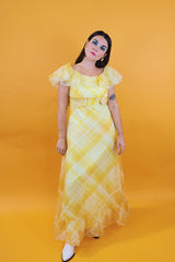 ankle length yellow plaid print dress chiffon with flower at waist and flutter sleeves vintage