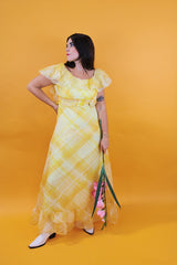 ankle length yellow plaid print dress chiffon with flower at waist and flutter sleeves vintage