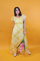 ankle length yellow plaid print dress chiffon with flower at waist and flutter sleeves vintage