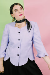 Women's vintage 1990's Leslie Fay - Dresses Petite label long sleeve lavender purple button up blazer with black buttons and scalloped trim edges.