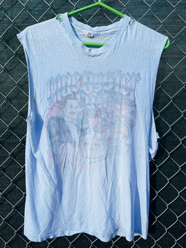 Women's or men's vintage 1970's Hanes, Made in the USA label sleeveless single stitch light blue graphic band tee with Blue Oyster Cult graphic on the front. 