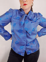 long sleeve blue tie neck blouse