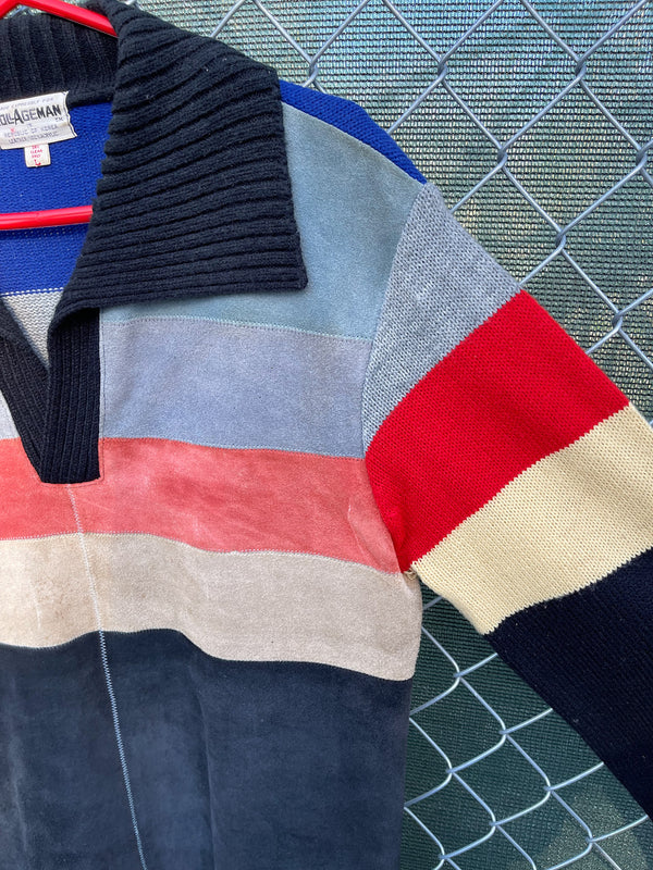 Men's or women's vintage 1970's Made exclusively for Collageman label long sleeve pullover sweater with suede front and a collar. Black, red, yellow, and blue collars. 