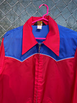 Women's or men's vintage 1970's Swingster, World of Wearables label long sleeve blue and red lightweight zip up windbreaker with a western style. 