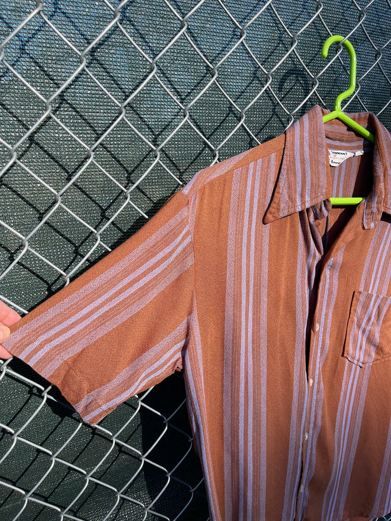 Men's vintage 1960's Towncraft Penneys short sleeve button up rayon shirt in brown with purple vertical stripes. 