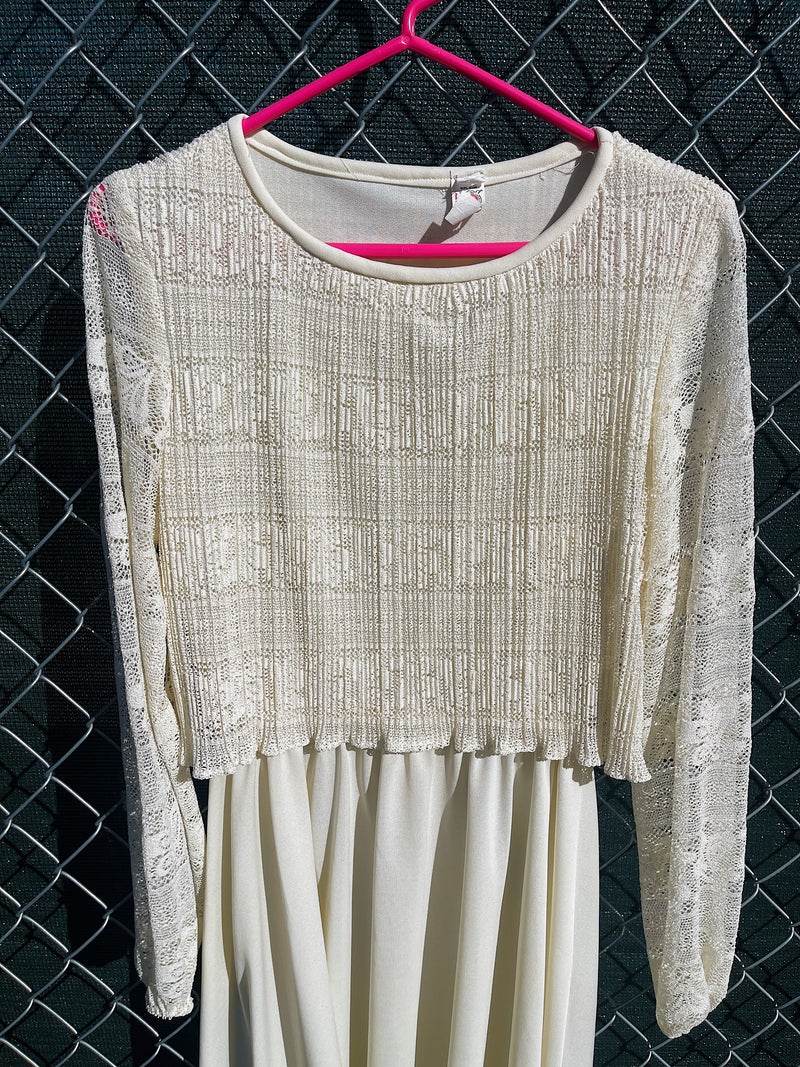 Women's vintage 1970's Union Made long sleeve midi length dress in cream white polyester with lace top and sleeves. 