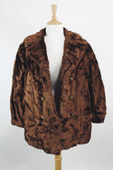 Women's vintage 1960's Sears Fashions label long sleeve double breasted chocolate brown faux fur pea coat with big gold buttons.