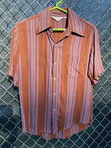 Men's vintage 1960's Towncraft Penneys short sleeve button up rayon shirt in brown with purple vertical stripes. 