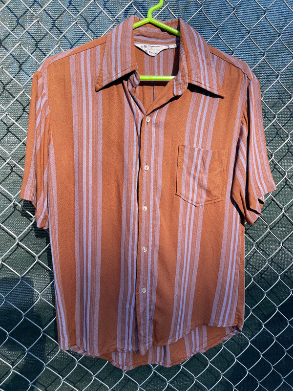 Men's vintage 1960's Towncraft Penneys short sleeve button up rayon shirt in brown with purple vertical stripes. 