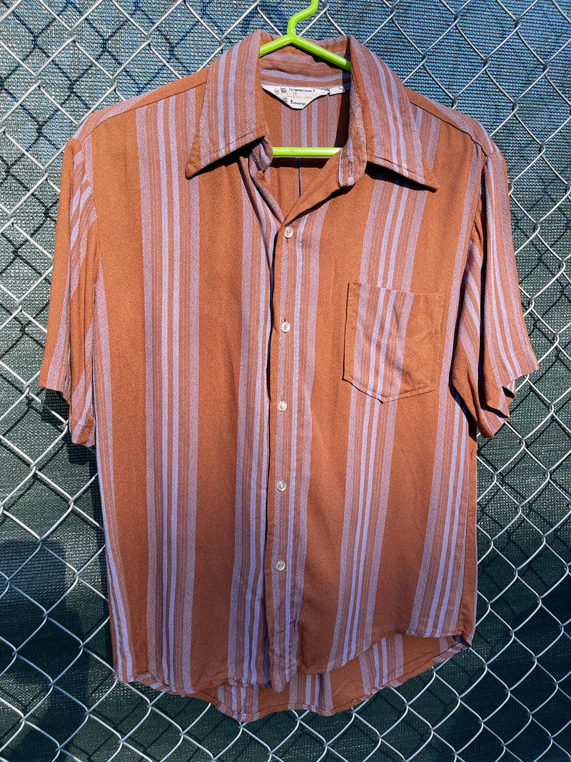 Men's vintage 1960's Towncraft Penneys short sleeve button up rayon shirt in brown with purple vertical stripes. 