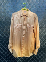 Men's vintage 1950's H Bar C Ranchwear, Long Tail label long sleeve western shirt in satin yellow color with pearly snap buttons. 