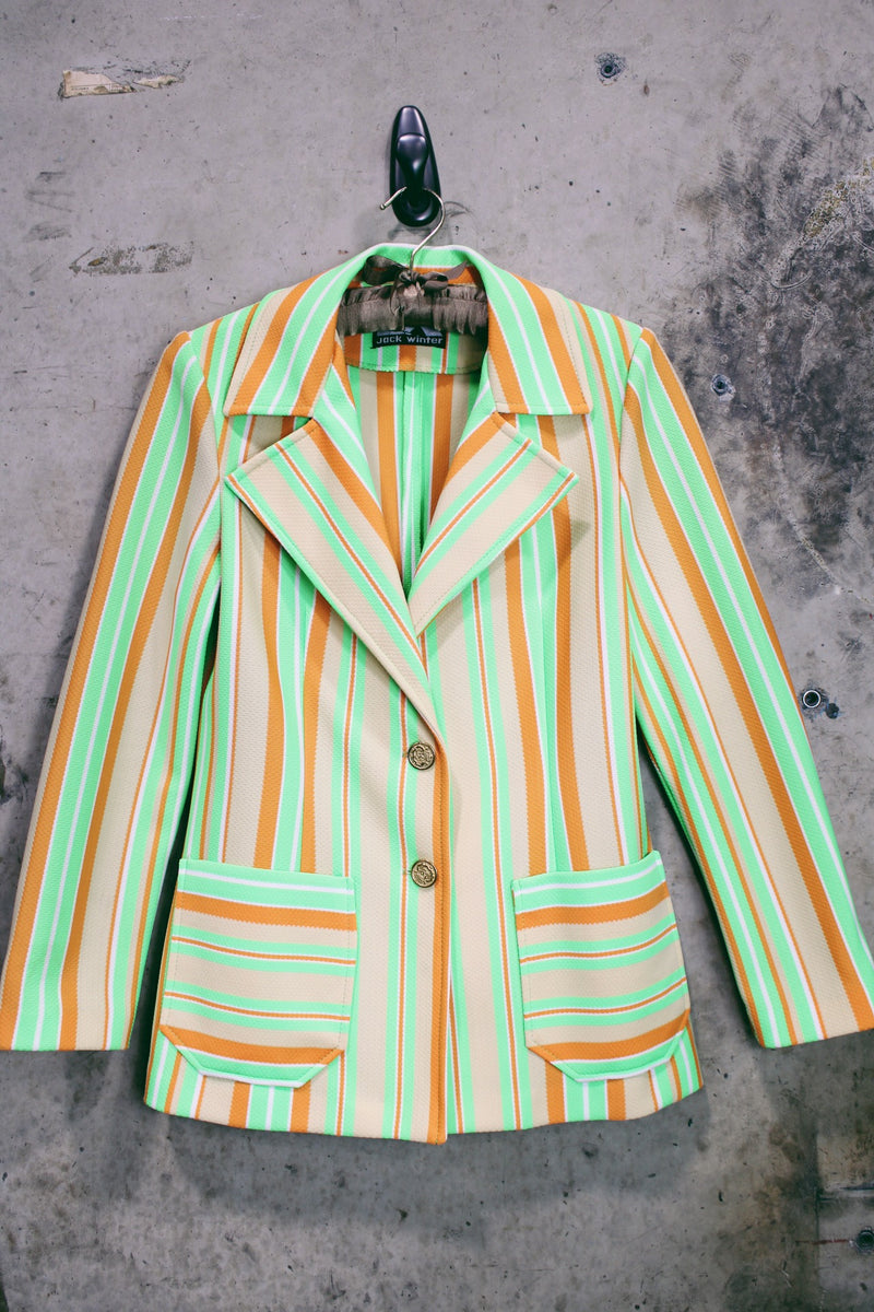 Women's vintage 1970's Jack Winter label long sleeve striped blazer with gold button closure. Lime green, orange, and tan colors in polyester material.