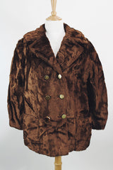 Women's vintage 1960's Sears Fashions label long sleeve double breasted chocolate brown faux fur pea coat with big gold buttons.