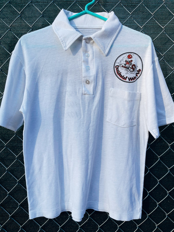 Women's or men's vintage 1970's short sleeve white polo t-shirt with half button closure and a graphic on the front left chest and one in the back. 