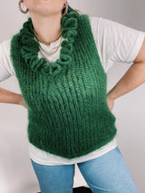 sleeveless green mohair sweater vest with ruffle trim