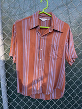 Men's vintage 1960's Towncraft Penneys short sleeve button up rayon shirt in brown with purple vertical stripes. 