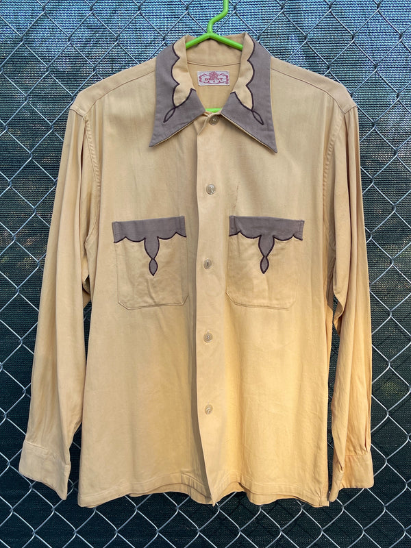Men's vintage 1950's Brent label long sleeve button up shirt with dagger collar in a yellow collar and grey trim with a western style. 
