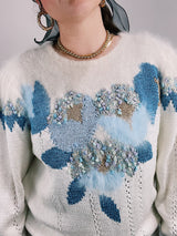 white long sleeve pullover sweater with blue pattern