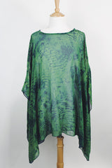 Women's vintage 1990's green and navy sheer polyester material cape top. Has no armholes, just a hole for your head. Tie dye print. 