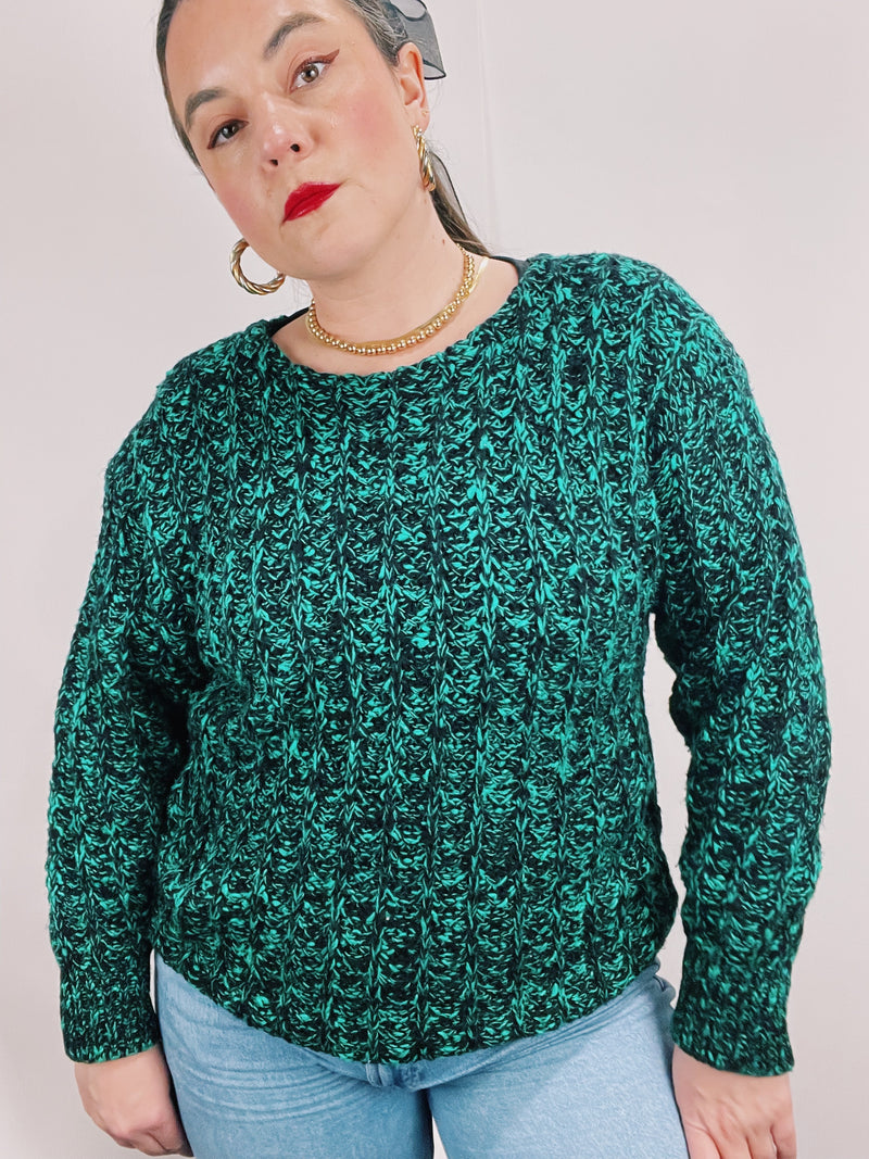 long sleeve green and black chunky pullover sweater