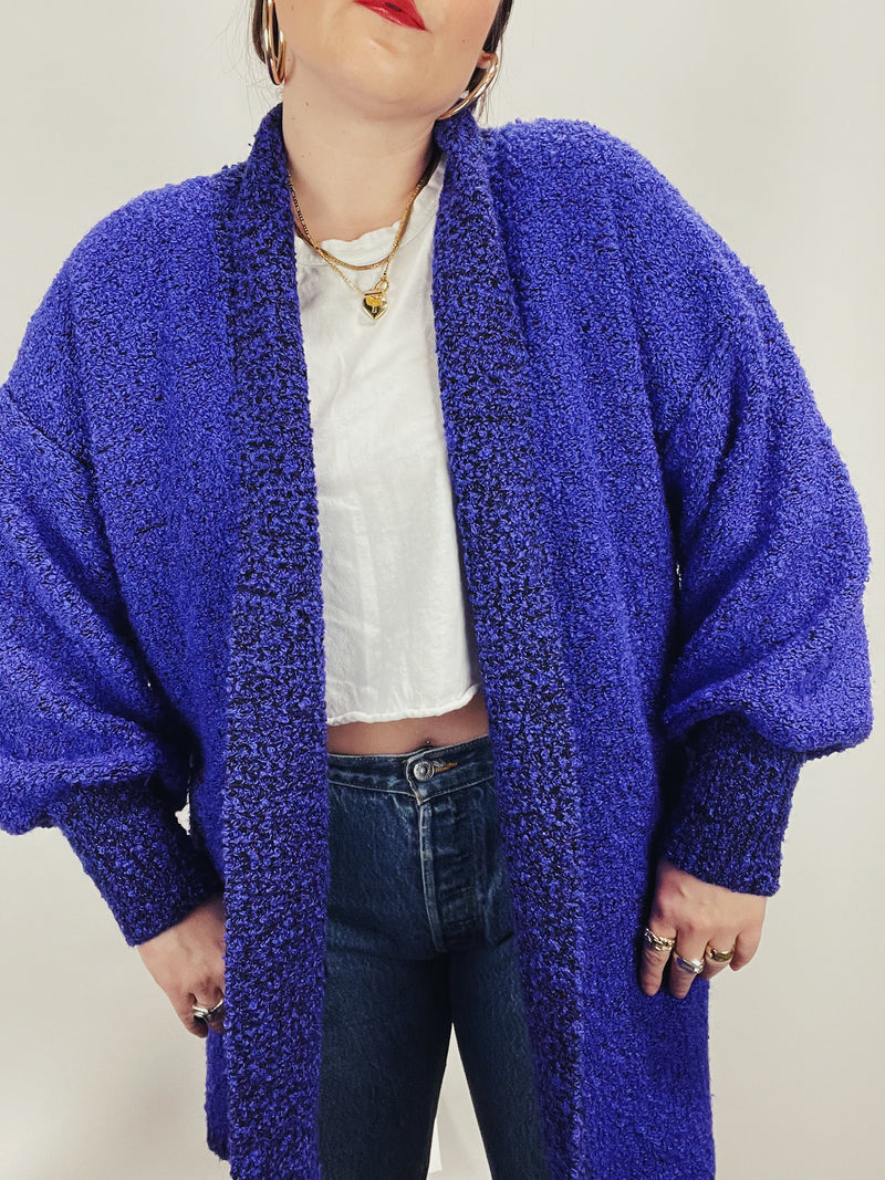Women's vintage 1980's Fitting Image label long sleeve long length purple nubby cardigan with an open front. 
