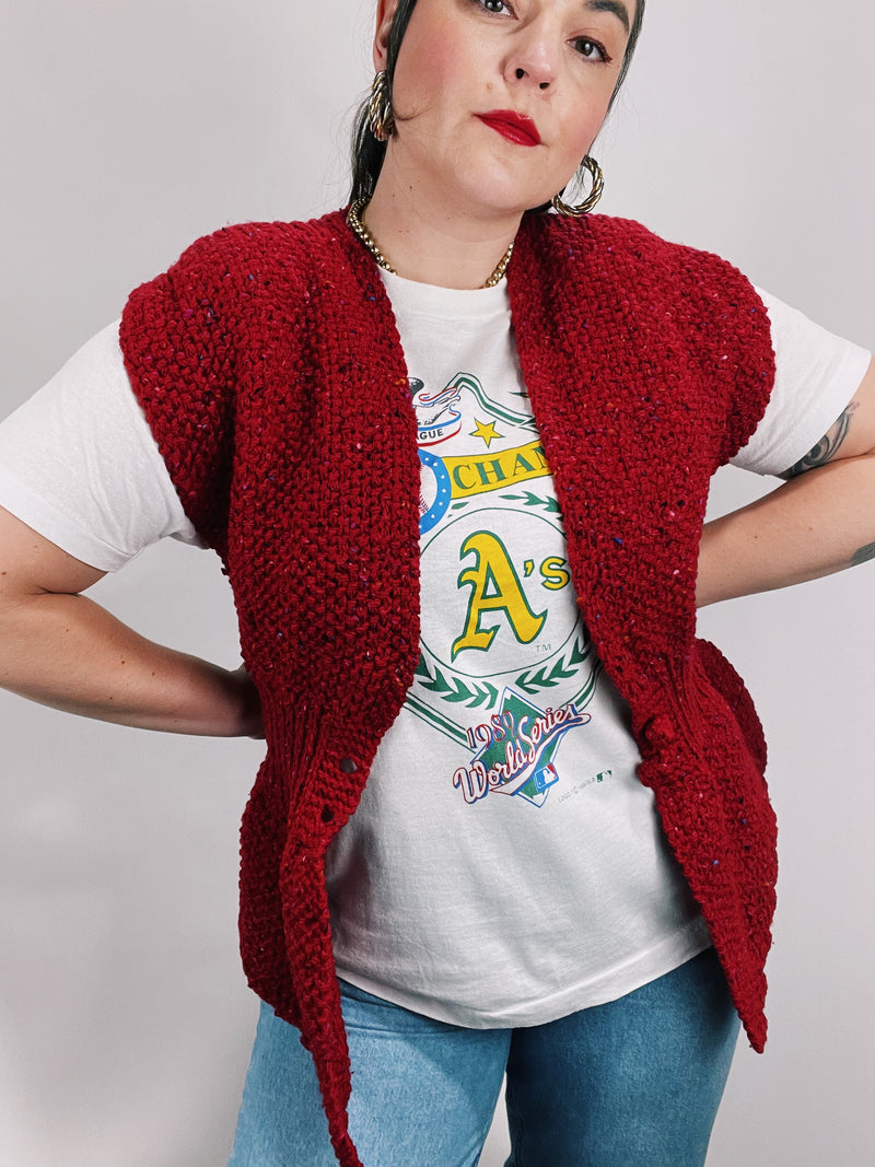 red knit sleeveless button up cardigan sweater vest