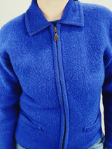 long sleeve blue boiled wool zip up cardigan sweater