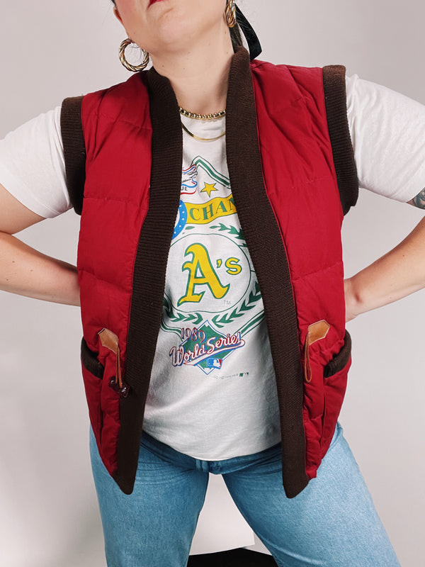 red sleeveless quilted puffy vest