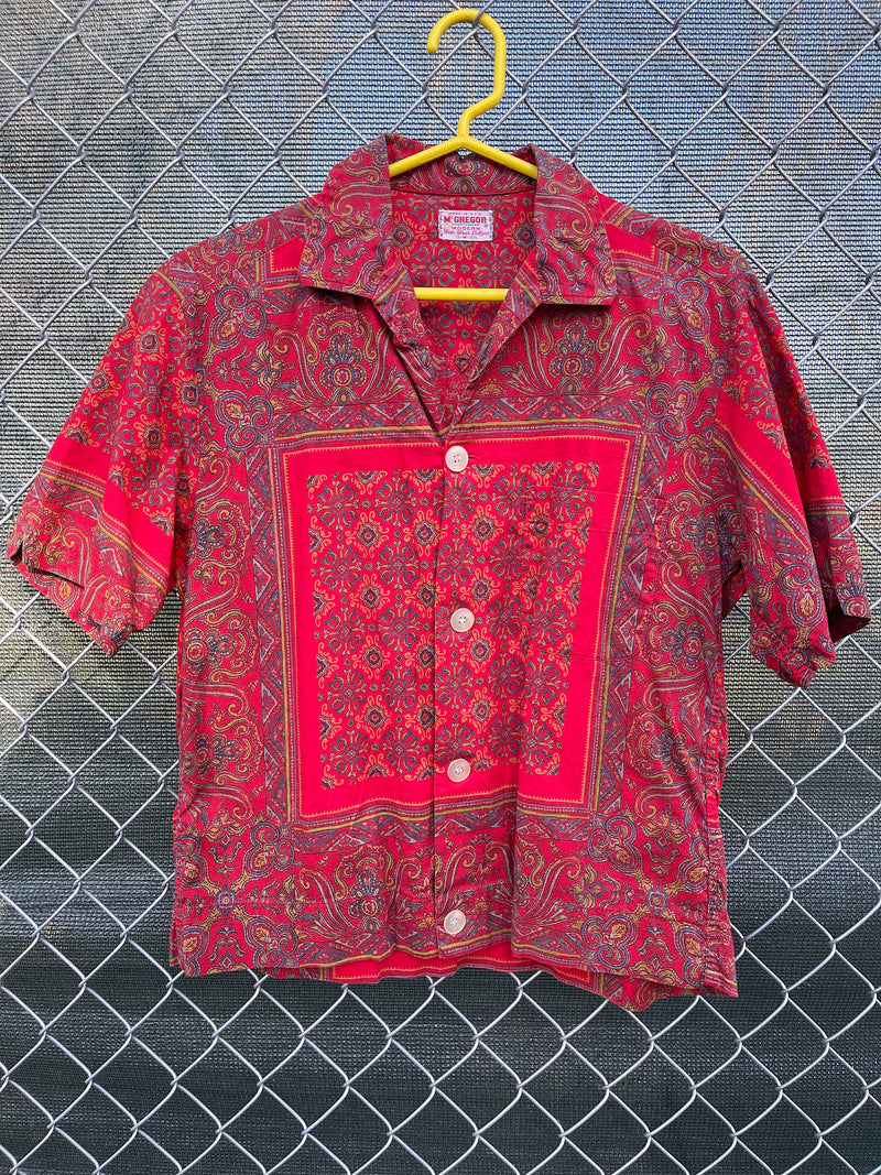 Men's or women's vintage 1950's McGregor Sportswear, Modern Wash-Wear-Cottons, Made in USA label short sleeve button up shirt in red with paisley print. 