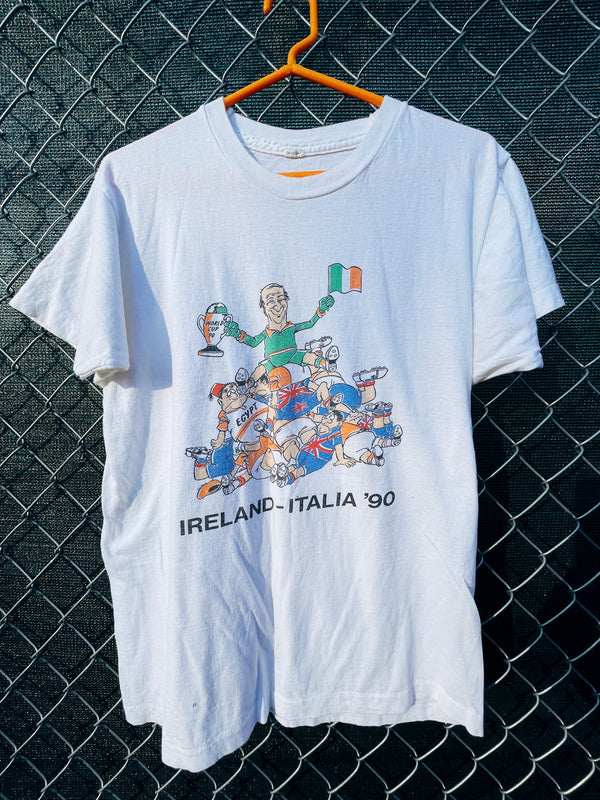 Women's or men's vintage 1990's short sleeve white t-shirt with a multicolored world cup soccer graphic on the front. 