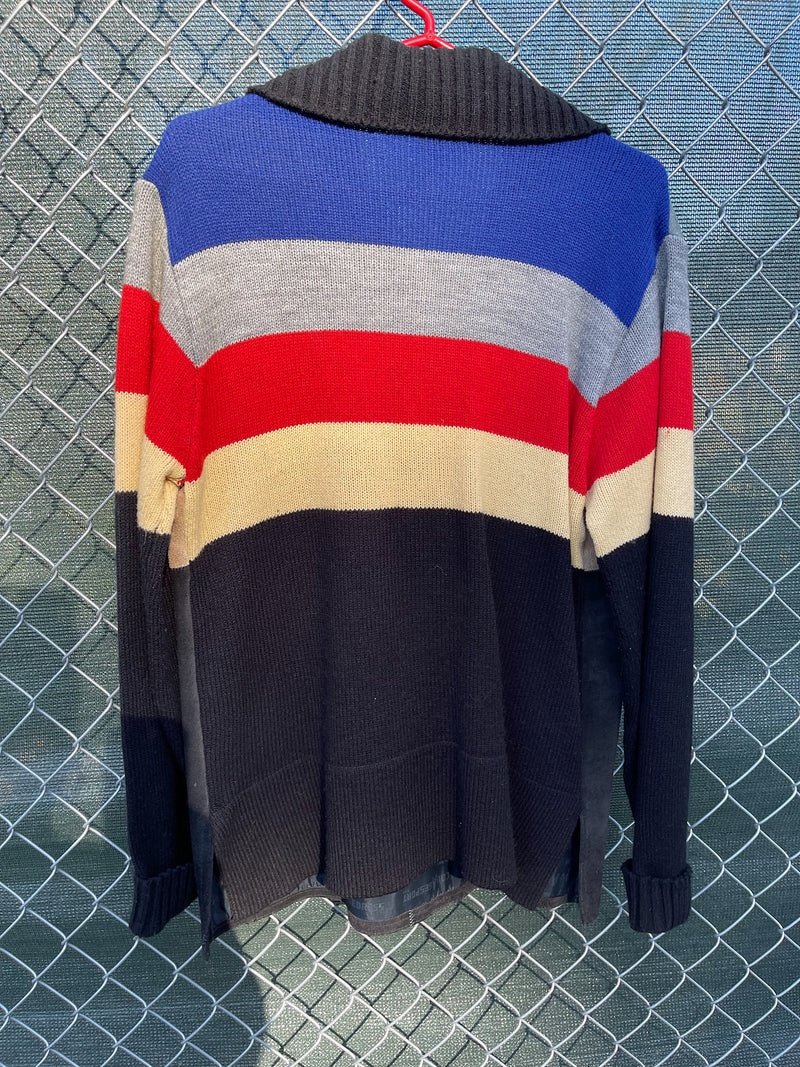 Men's or women's vintage 1970's Made exclusively for Collageman label long sleeve pullover sweater with suede front and a collar. Black, red, yellow, and blue collars. 