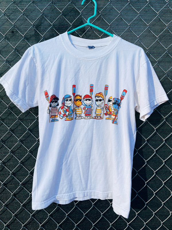 Women's vintage 1990's Crazy Tees short sleeve white graphic t-shirt with a Peanuts multicolored graphic on the front. 