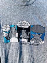Women's or men's vintage 1983 Super Shirts, Made in USA label Medium short sleeve heather grey t-shirt with cartoon cat graphic on the front in blue, black, and white. 