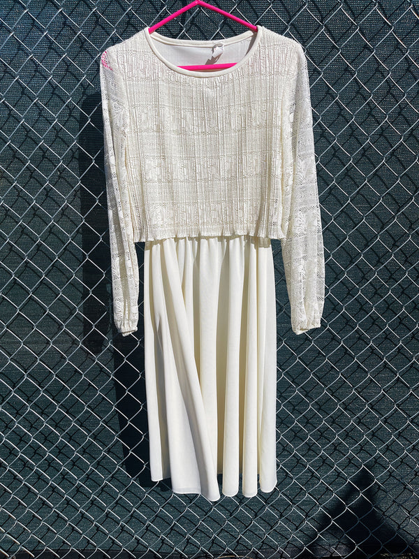 Women's vintage 1970's Union Made long sleeve midi length dress in cream white polyester with lace top and sleeves. 