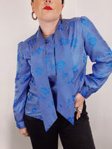 long sleeve blue tie neck blouse
