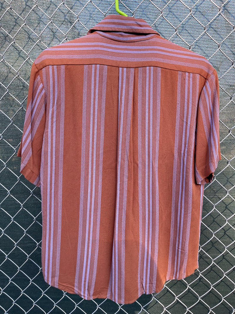 Men's vintage 1960's Towncraft Penneys short sleeve button up rayon shirt in brown with purple vertical stripes. 