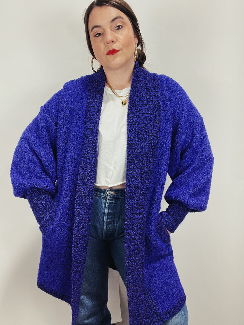 Women's vintage 1980's Fitting Image label long sleeve long length purple nubby cardigan with an open front. 