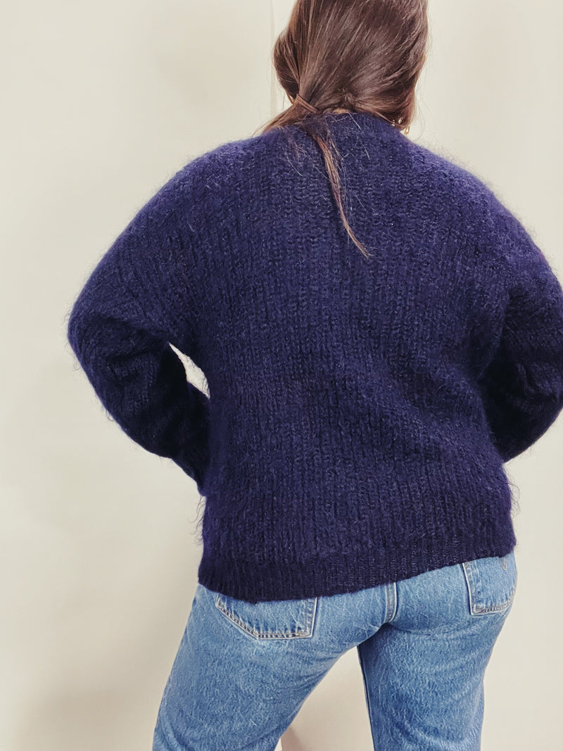 Men's or women's vintage 1980's  long sleeve pullover crew neck sweater in dark navy blue in mohair material. 