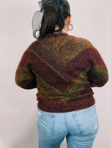 long sleeve mohair pullover sweater in maroon and green