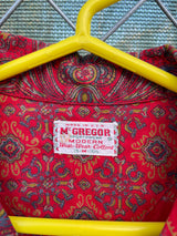 Men's or women's vintage 1950's McGregor Sportswear, Modern Wash-Wear-Cottons, Made in USA label short sleeve button up shirt in red with paisley print. 