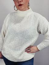 Women's 1980's Spunky, Made in USA label long sleeve white pullover sweater with a mock neck in acrylic textured material. 