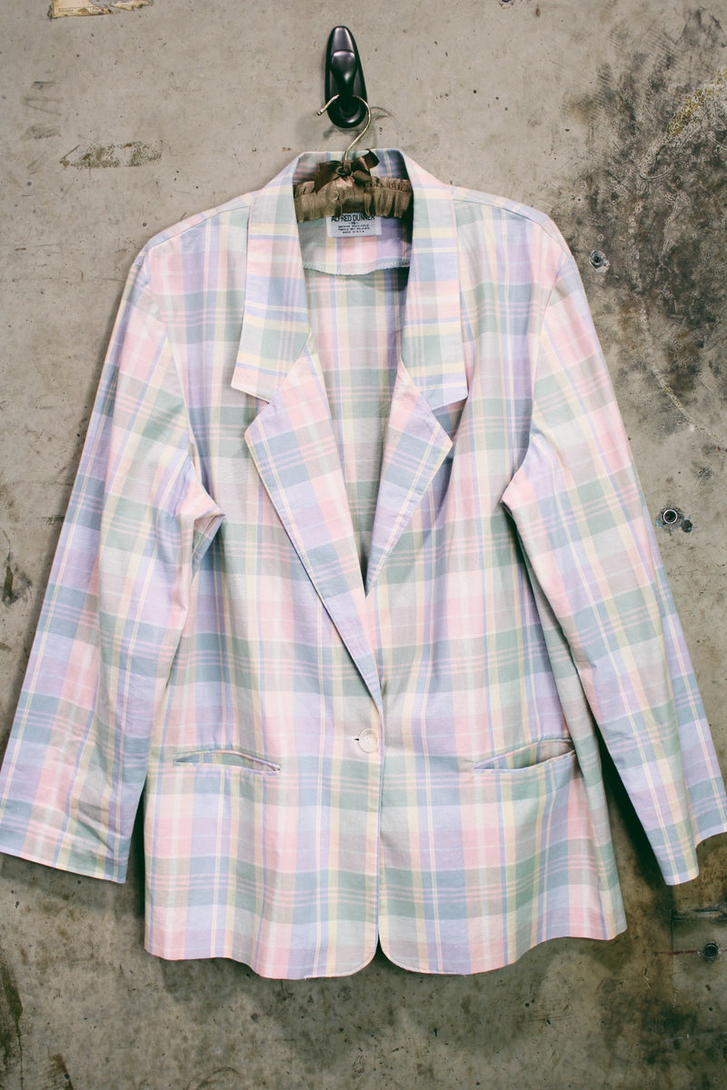 Women's vintage 1990's Alfred Dunner, Made in USA label long sleeve lightweight checkered plaid blazer with a one button closure in pink, blue, green, and yellow pastel colors. 