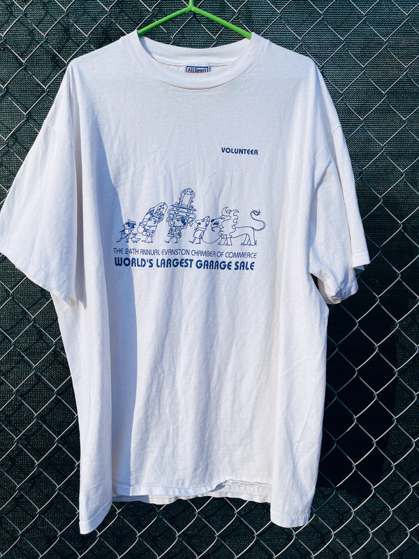 Men's or women's vintage 1990's All Sport Proweight Preshrunk, Made in USA label XXL short sleeve white t-shirt with blue garage sale graphic on the front. 