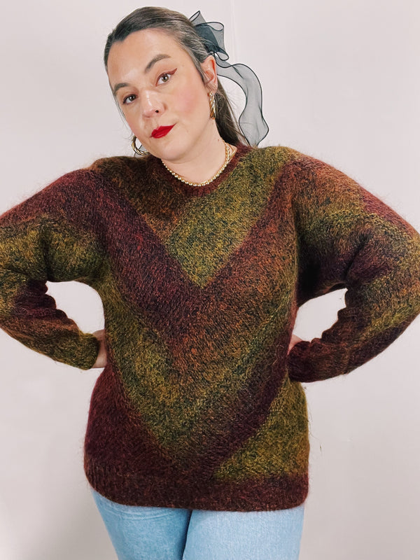 long sleeve mohair pullover sweater in maroon and green